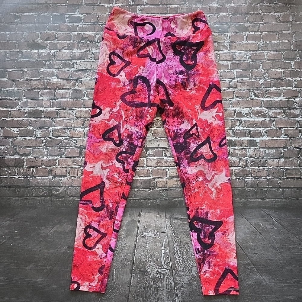 LuLaRoe Girl's Heart-Print Pink & Red Leggings - Tween